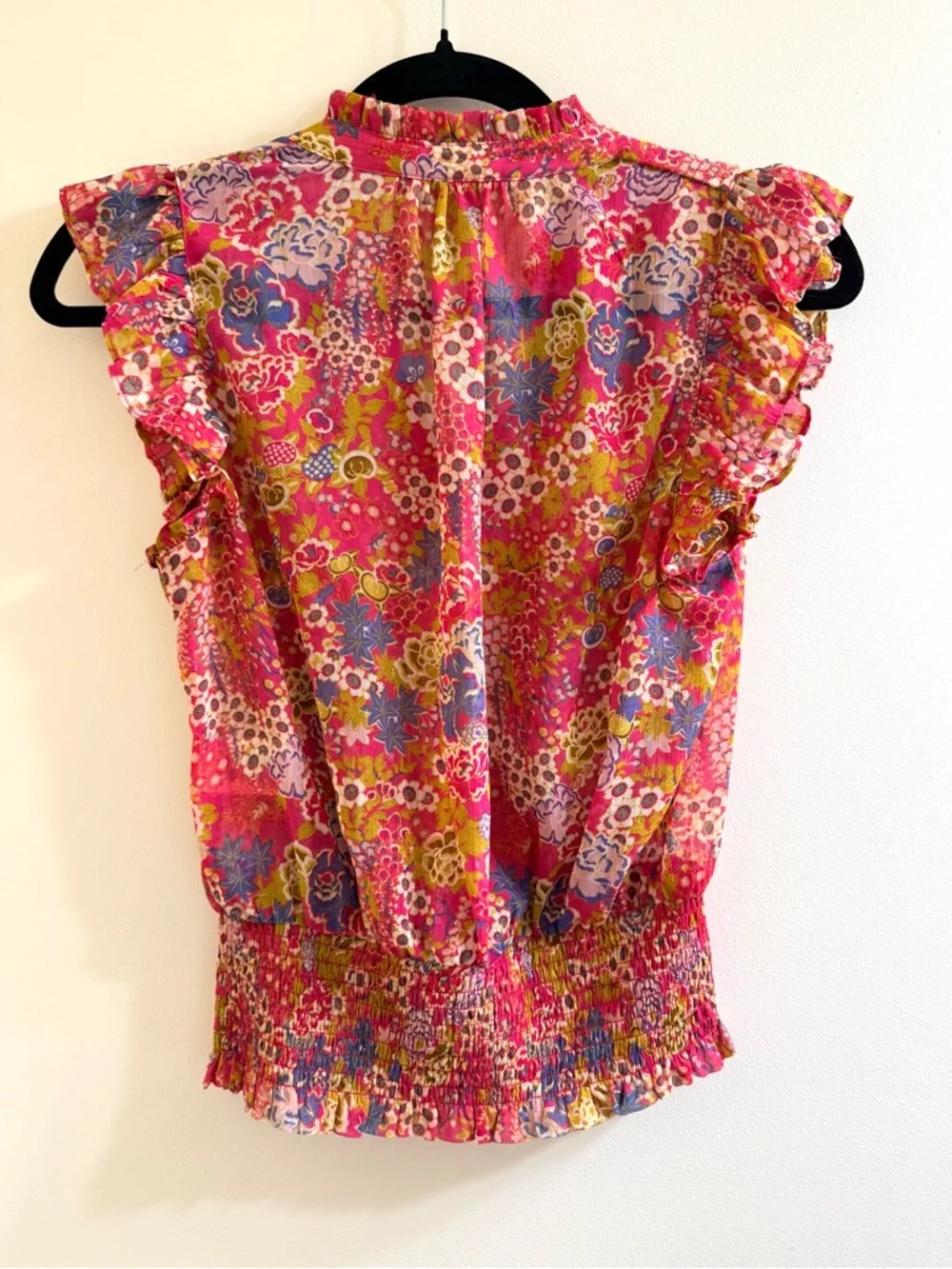 Joie Pink Floral Sheer Ruffle Sleeve Blouse - Smocked Waist - Size XS/TP